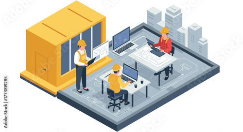 Isometric construction team collaboration on rooftop workspace in urban setting