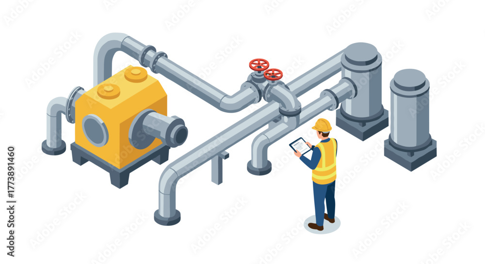 Fototapeta premium Isometric industrial pipeline system with engineer inspecting controls