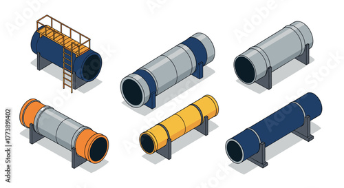 Isometric industrial pipes collection with various colors and platforms