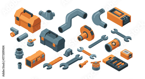 Isometric industrial tools set with wrenches and toolboxes