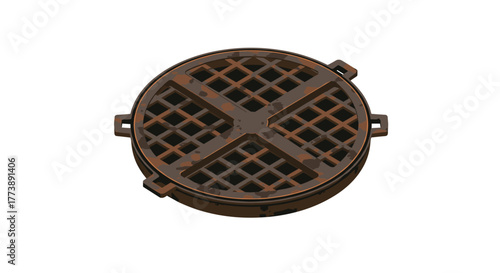 Rusty industrial manhole cover with grate pattern on transparent background