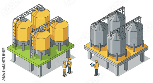Isometric industrial tanks and silos with engineers planning construction
