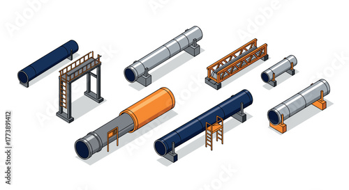 Isometric industrial pipeline elements with structures and ladders