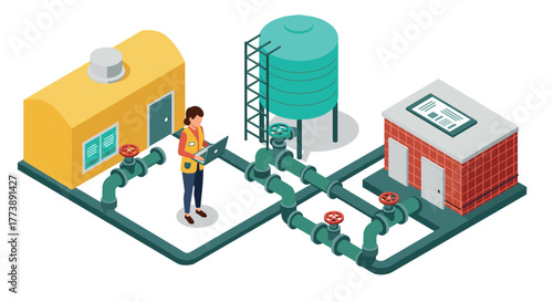 Isometric water treatment facility with worker inspecting control system