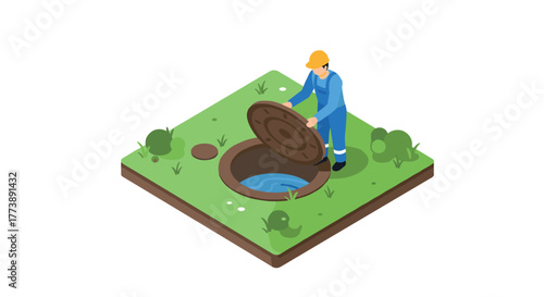 Isometric urban worker opening manhole on grass square