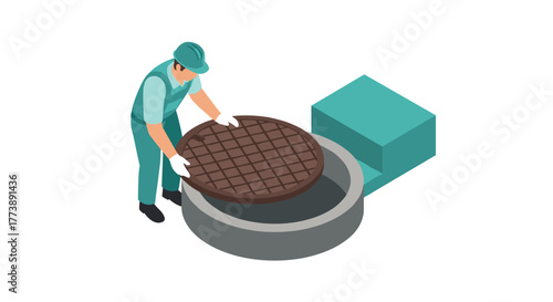 Worker handling manhole cover in isometric urban scene on white background