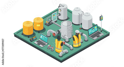 Isometric industrial control room with workers and machinery