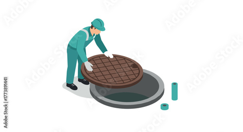 Worker opening manhole in urban utility scene isometric illustration