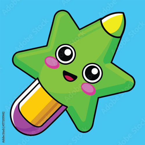 Cute Green Star Character with Big Eyes and Happy Smile Cartoon Kawaii Style