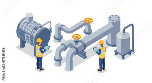 Engineers inspecting industrial pipeline system in isometric design for safety and efficiency