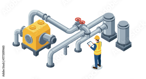 Isometric industrial pipeline system with engineer inspecting controls