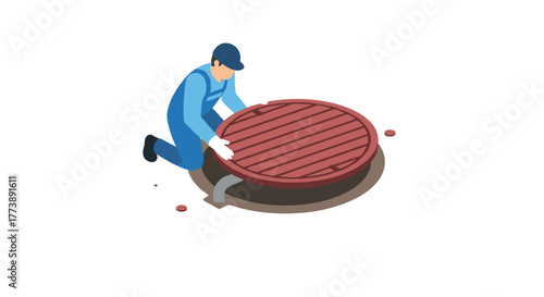 Worker kneeling to assemble manhole cover in isometric style for urban maintenance concept
