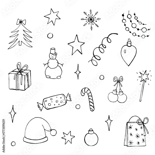 Doodle set of elements on theme of Christmas and New Year. Simple hand draw vector illustration for designs.