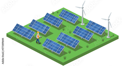 Isometric solar energy farm with technician and wind turbines on a green field