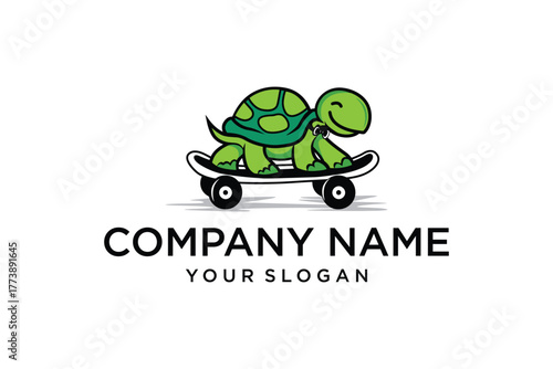 Cute Cartoon Green Turtle Riding Skateboard Logo Template