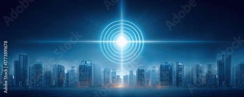 Goal Achievement and Vision Concept. A futuristic city skyline illuminated by a bright central light, featuring tall skyscrapers and a digital aesthetic.