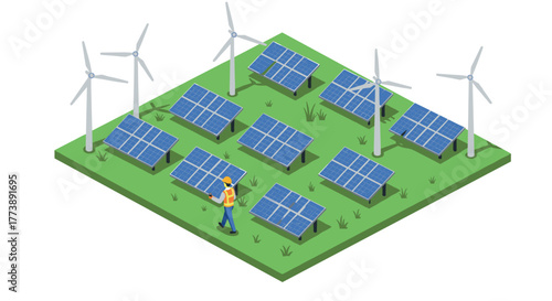 Isometric renewable energy farm with solar panels and wind turbines
