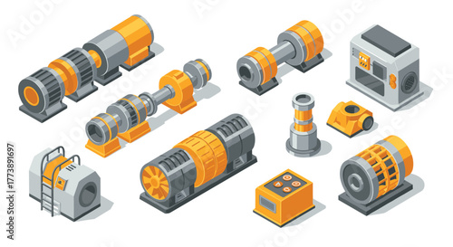Isometric industrial machinery components set in grey and orange tones