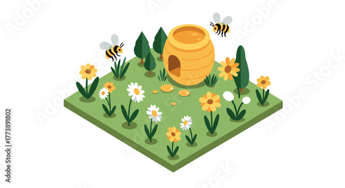 Isometric garden with beehive and wildflowers in bloom