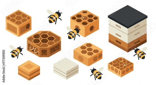 Isometric beehive and honeycomb with bees in geometric layout