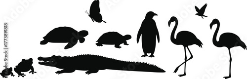 Animal silhouettes, frog toad crocodile, turtle penguin flamingo, butterfly bird wildlife, black vector illustration