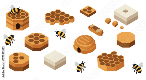 Isometric bee and honeycomb set with beehive elements for creative designs