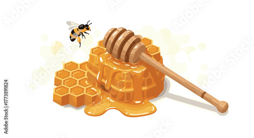 Honeycomb and dripping honey with honey dipper and bee