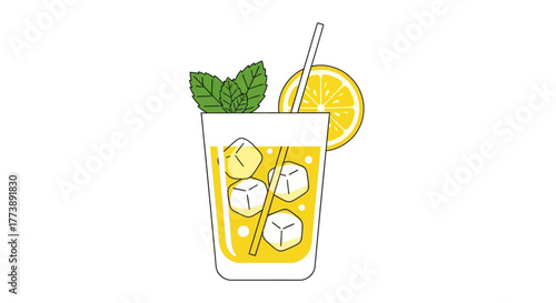 An iced beverage in a glass, with lemon slice, mint leaves, and a straw, on a clean white backdrop