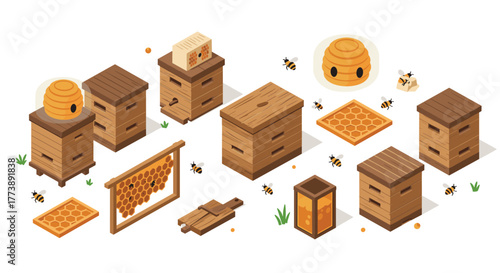 Isometric beekeeping equipment with hives and honeycombs in a collection