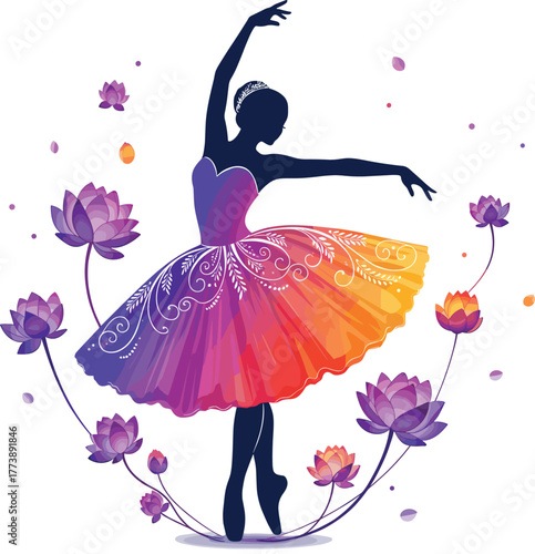 Ballerina, silhouette, dance, tutu, lotus flower, floral design, colorful costume, graceful pose, ballet