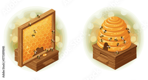 Isometric beehive and honeycomb designs with bees in realistic style