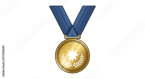 A golden award medal, featuring a star and laurel, hangs on a blue ribbon against a white backdrop