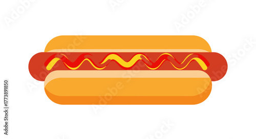 A flat, graphic depiction of a hot dog in a bun, with ketchup and mustard zigzags