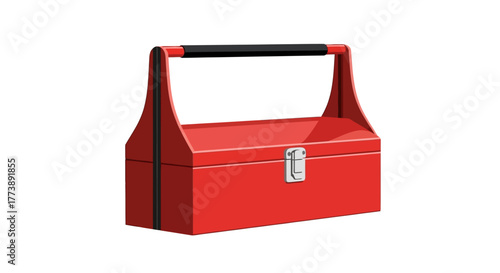 A bright red, rectangular toolbox with a black handle, a silver clasp, and simple, clean lines