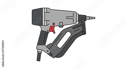 A pneumatic construction tool, gray and black, with a trigger and a magazine, likely for fastening
