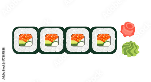 Colorful sushi rolls with avocado and fish roe, accompanied by pickled ginger and wasabi on a white background