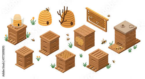 Diverse beekeeping elements in isometric style featuring beehives, honeycomb, and bees