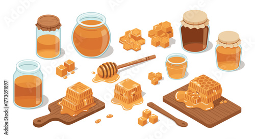 Sweet collection of honey jars and comb in isometric style