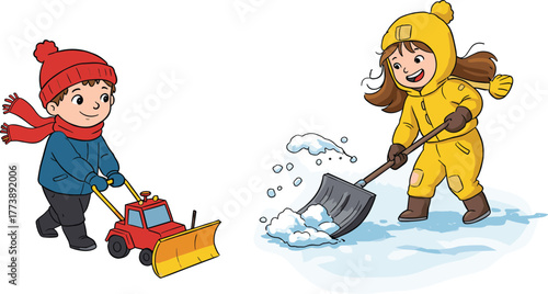 Cartoon children shoveling snow, kid with snowplow toy, winter outdoor activity, child clearing snow