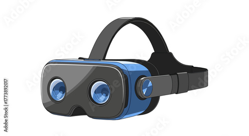 A front-view, stylized illustration of a blue and grey virtual reality headset with an adjustable strap, lenses, and a clean white background