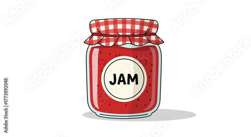 A cartoon jar filled with red jam, labeled "JAM," with a gingham fabric lid and shadow