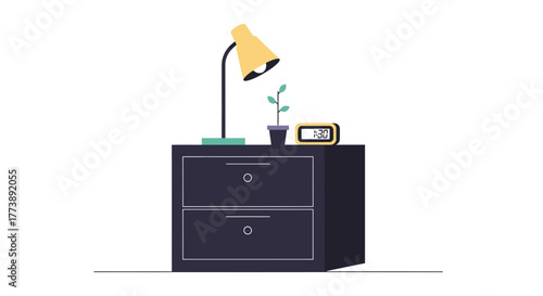 A nightstand with a lamp, small plant, and clock. Two drawers are visible. Background is white