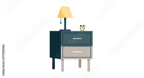 A stylized illustration of a bedside table with a lamp and alarm clock on a white background