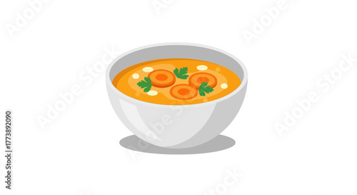 Simple illustration of a white bowl filled with orange soup, carrot slices, and parsley garnish against a white background