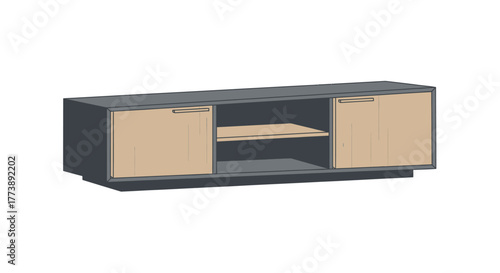 A modern media console featuring a gray body with two tan doors, an open shelf, and simple hardware