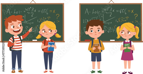 Cartoon, children, classroom, math, chalkboard, equations, learning, puzzled, students, education, boy illustration