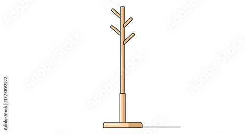 Minimalist illustration of a wooden coat rack with multiple arms for hanging garments, set against a white backdrop