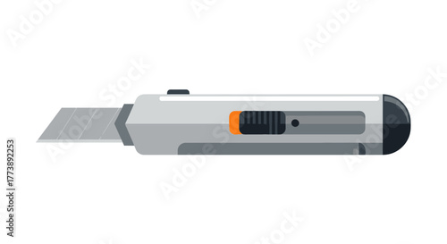 A detailed, isolated illustration of a utility knife, showing the blade and body. It's a silver and black design