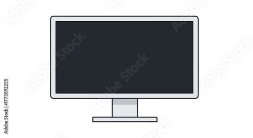 A simplistic illustration of a flat-screen monitor with a dark display, resting on a stand against a white background