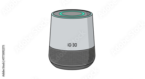 A stylized smart speaker with a glowing top ring, a digital clock display, and a mesh speaker grill